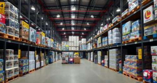 Eine große Lagerhalle für die Spielwaren und -logistik, spezialisiert auf Großhandelsartikel.
