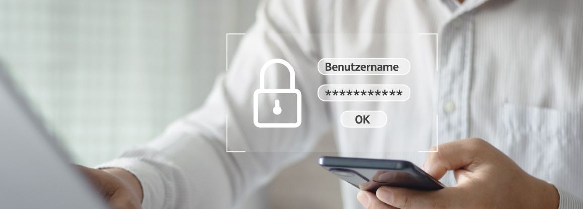 Person im weißem Hemd sitzt vor einem Laptop und hat ein schwarzes Smartphone  in der Hand. Über das Bild ist ein Schloss Symbol  mit Benutzername und Passwort gelegt. Dies soll den Login Bereich zeigen.