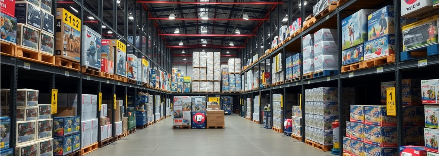 Eine gro&szlig;e Lagerhalle f&uuml;r die Spielwaren und -logistik, spezialisiert auf Gro&szlig;handelsartikel und Lagerware.