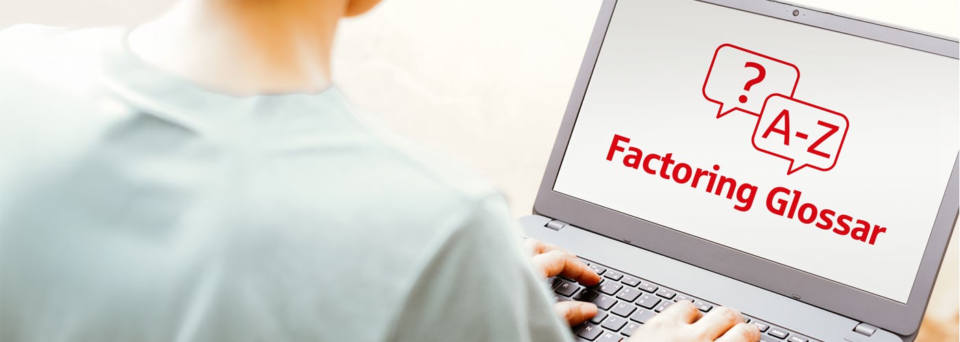 Eine Person sitzt mit dem R&uuml;cken zum Betrachter an einem Laptop und schaut sich das Factoring Glossar an.