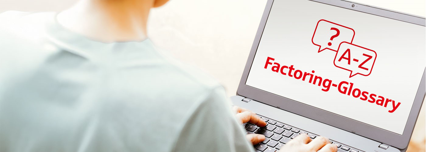 A person sits at a laptop with their back to the viewer and looks at the factoring glossary.