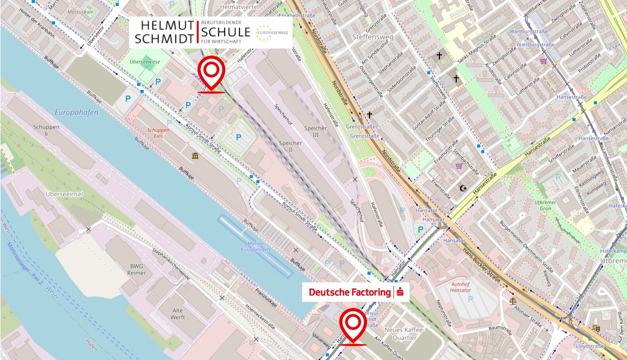 Wegbeschreibung von der Helmut-Schmidt-Schule in der Überseestadt Bremen zum Büro.